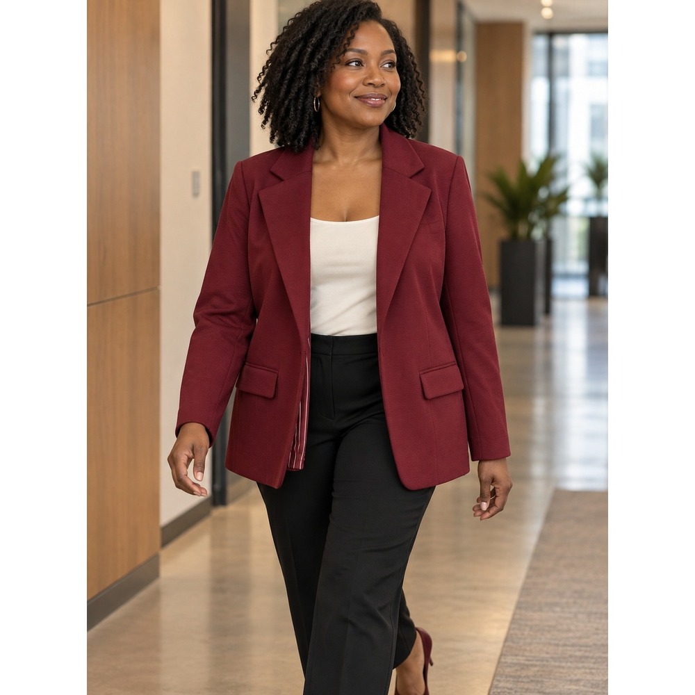 41 Hawthorn Womens 2X Burgundy Knit Open Front Blazer Pinstripe WGK-30081-PL